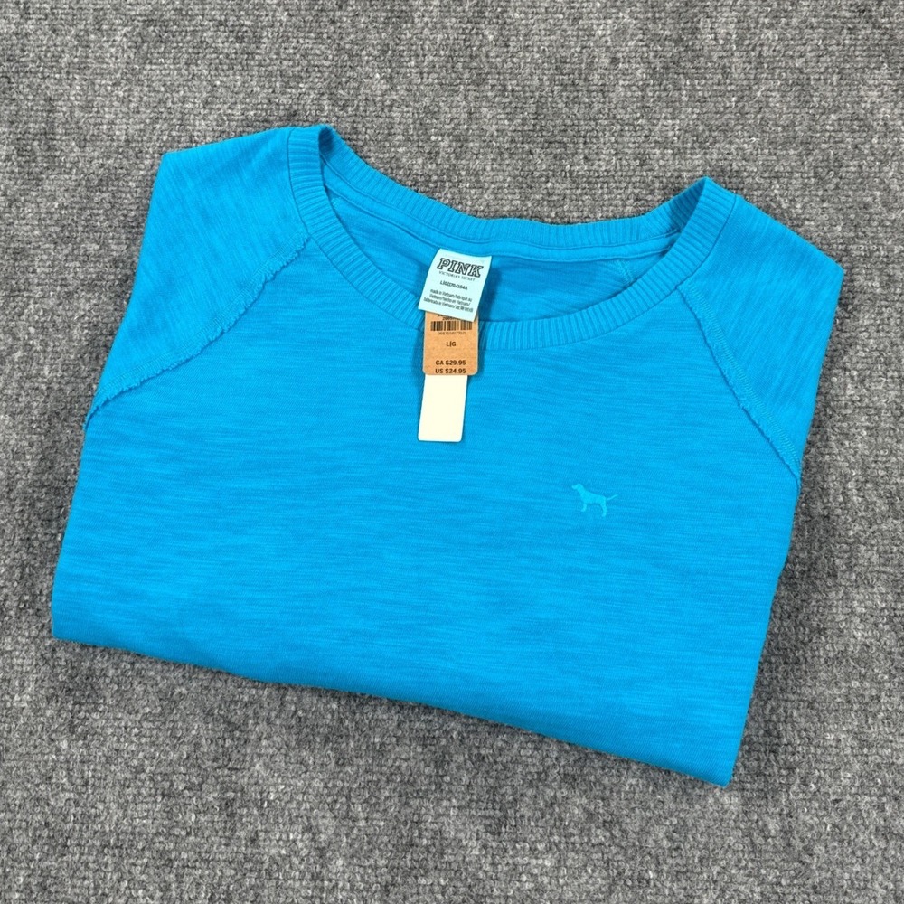 Victoria's Secret PINK Womens Large Blue Slub Knit Raw Hem Raglan T-Shirt NWT